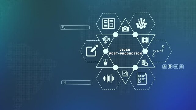 Video post-production workflow interface featuring movie, camera, and editing icons within a futuristic hexagonal digital HUD display.