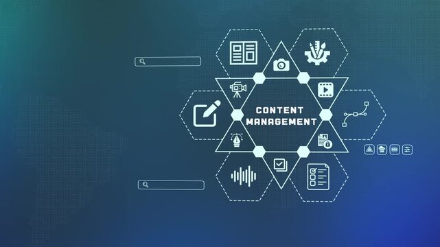 Digital content management system interface with icons for editing, publishing, and organizing multimedia assets in a creative workspace.