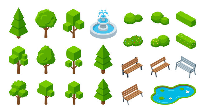 isometric park elements collection with trees benches and fountain