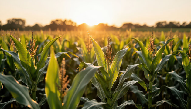 The sunset casts a warm glow over the cornfield, highlighting the tall corn plants. The green corn leaves sway gently in the evening breeze as day turns into night.