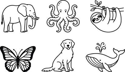 Animal line drawings collection, elephant octopus sloth butterfly dog whale vector illustration, biodiversity cartoon artwork design graphic - black and white flat vector illustration © TOMSINA