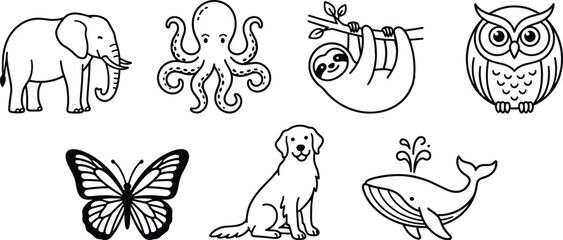 Animal line drawings collection, elephant octopus sloth owl butterfly dog whale vector illustration, biodiversity cartoon artwork design graphic - black and white flat vector illustration © TOMSINA