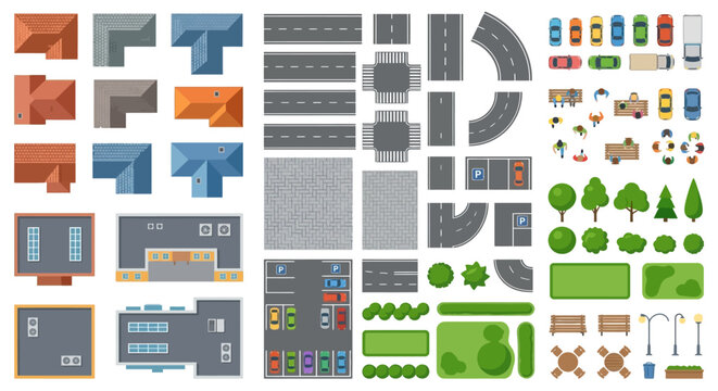 top view city elements set vector illustration on white background