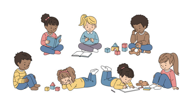 A set of diverse children are engaged in various stationary activities such as reading books and playing with wooden blocks on a clean white background.