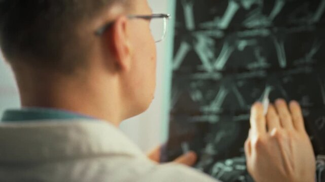 Analyzing MRI X-ray scans, doctor in bright medical office studies fracture details, cross-referencing each image under fluorescent lighting to ensure accurate diagnosis and plan effective treatment