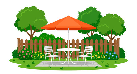 garden patio with table and umbrella vector illustration © Sumon