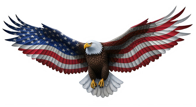 American bald eagle with flag wings isolated on transparent background