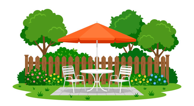 garden patio with table and umbrella vector illustration