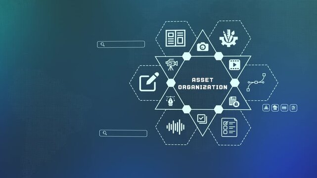  Creative asset organization and digital library management concept with file storage icons for professional media workflow and cataloging.