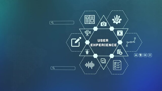 User experience design and UX UI development concept featuring interactive tech icons for interface optimization and digital product design.
