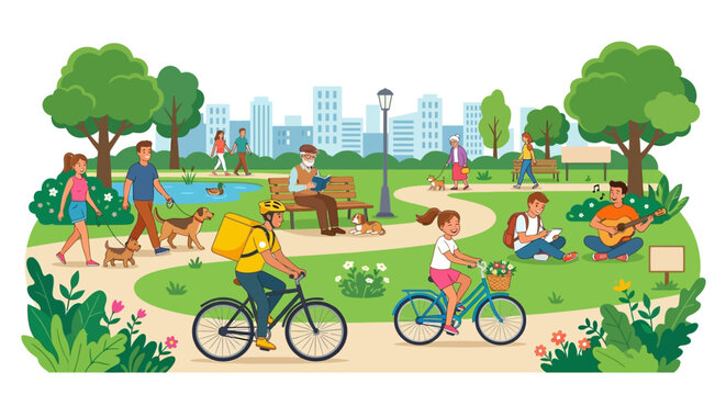 park scene with people and activities colorful vector illustration