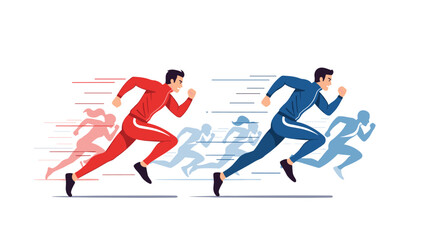 Obraz premium Two male athletes in red and blue tracksuits leading a competitive race, with blurred figures of other runners behind them.