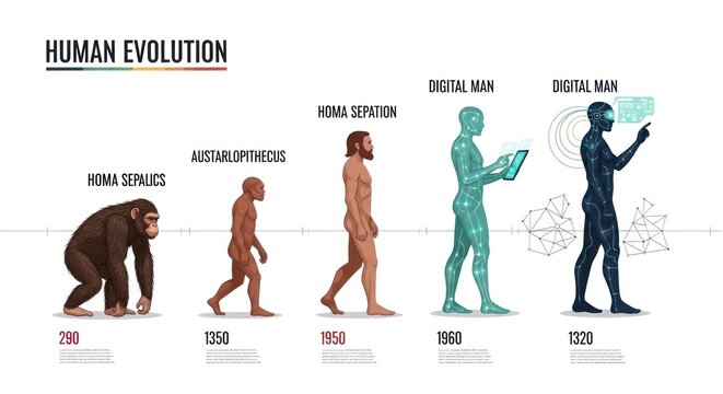 Illustration of human evolution showing ape ancestors evolving to digital man using technology.