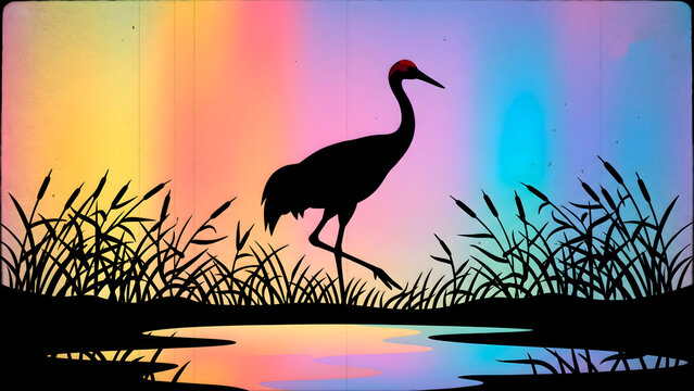 Dark silhouette of a red-crowned crane stepping gracefully through stylized reed silhouettes 