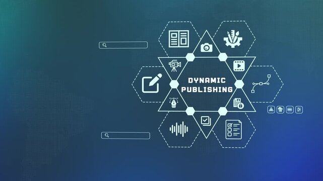  Dynamic publishing and automated content management concept with digital distribution icons for modern editorial and omnichannel marketing.
