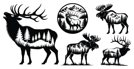 Fototapeta premium Double Exposure Elk and Moose Wilderness Silhouette Set, Bull Elk and Moose Double Exposure Silhouette Collection with Pine Forest and Mountain Landscape