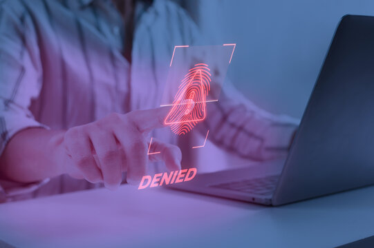 Person Touching Red Glowing Fingerprint Denied Alert on Glassmorphism Panel