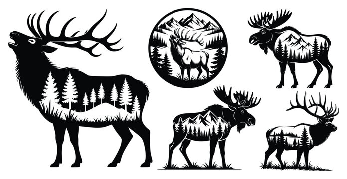 Double Exposure Elk and Moose Wilderness Silhouette Set, Bull Elk and Moose Double Exposure Silhouette Collection with Pine Forest and Mountain Landscape