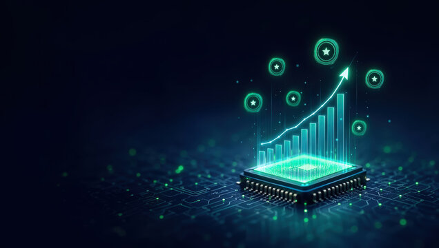 Microchip circuit chip glowing digital technology data growth, SEO assistant data