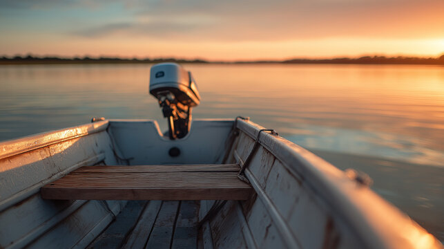 snoop. Wooden rowboat stern at dusk with submerged outboard motor. mobility guides, transit brochures, designed for transport & logistics marketing, used by interior designers.