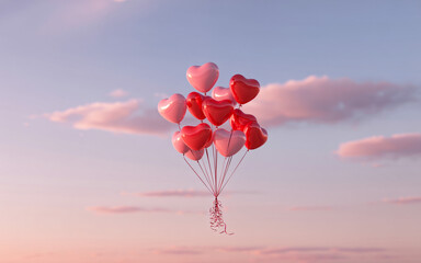 Fototapeta premium Bunch of red and pink heart balloons floating in sunset sky