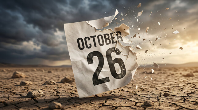 tearing paper calendar showing october 26 date flying over dry cracked desert land with dramatic storm clouds and sunset light representing time passing deadline and climate change