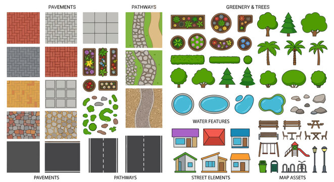 top view map assets including pavements pathways trees and water features
