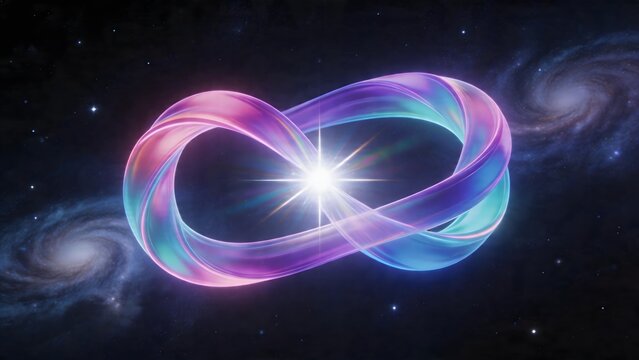 Cosmic infinity symbol with galaxy backdrop