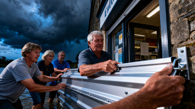 Community Resilience: Neighbors unite to fortify a storefront against an impending storm, showcasing collaborative spirit and proactive preparation.