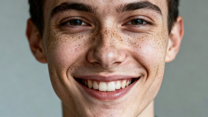 Obraz premium Joyful portrait: Capturing the natural radiance of youth, this close-up portrait of a young individual reveals a genuine smile, embracing the beauty of freckles and a radiant gaze.