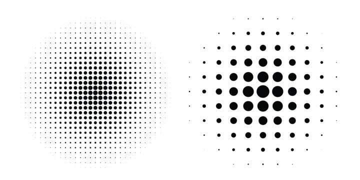 Set of halftone dots gradient pattern texture isolated on white background. Straight dotted spots using halftone circle dot raster texture. Vector blot half tone collection.