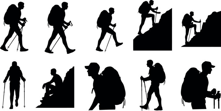 Silhouette collection hikers and mountaineers in various poses and scenarios