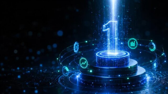 AI SEO assistant data, Futuristic number one podium blue neon light digital hologram data analytics infographic cyber network success ranking concept glowing beam