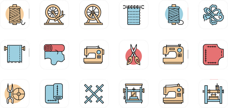 Sewing and tailoring icon set with thread spools, sewing machines, scissors, fabric and knitting tools for fashion design, craft and textile industry