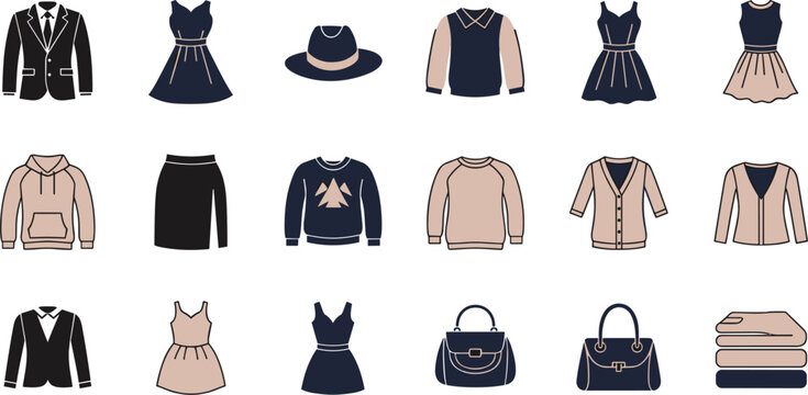 Women fashion clothing and accessories icon set with dresses, jackets, sweaters, skirts, handbags and outfits for retail, boutique and apparel design use