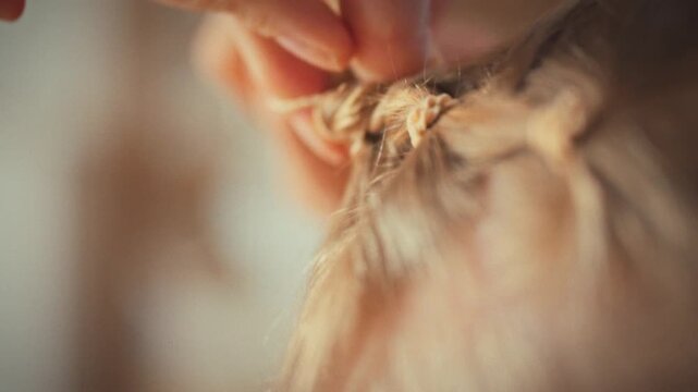 In a cozy home setting, a loving mother gently styles her little daughter's hair using elastic bands to create a cute and playful hairstyle, showcasing a tender parenting moment on a bright morning