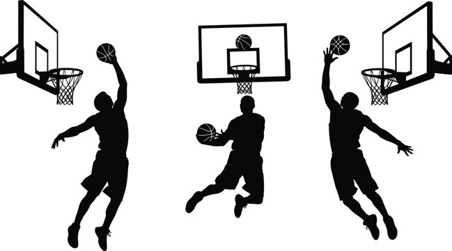 Basketball Player Silhouette Set with Dunking, Jump Shot, and Layup Actions Near Hoop for Sports Branding, Posters, Apps, and Athletic Design Projects