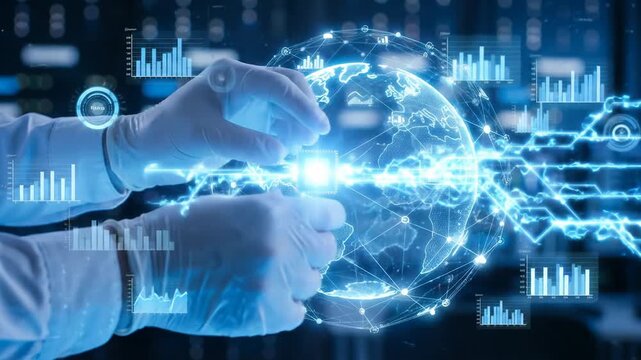 AI SEO assistant data, Futuristic science technology digital globe data analysis medical research innovation network artificial intelligence microchip chip global healthcare