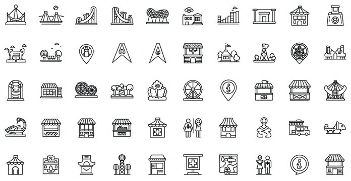 Amusement park line icon set with rides, attractions, kiosks, ferris wheel, roller coaster and entertainment elements for theme park and carnival design