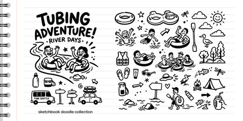 Hand drawn river tubing adventure doodle set with summer vacation icons and camping elements © Studio181