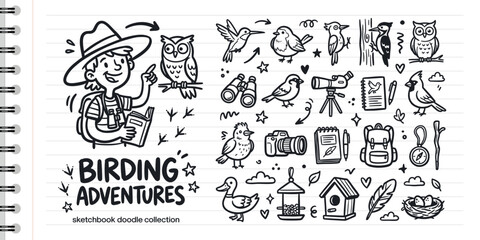 Hand drawn bird watching doodle set with explorer boy binoculars camera and various bird species © Studio181