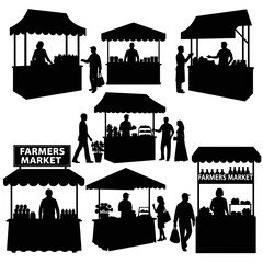 Farmers Market Silhouettes: Stalls, Vendors, Shoppers, Fresh Produce © Emilo