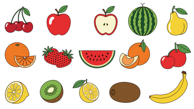 Colorful assortment of common fruits including cherries, apples, watermelon, pear, orange, strawberry, kiwi, lemon, and banana.