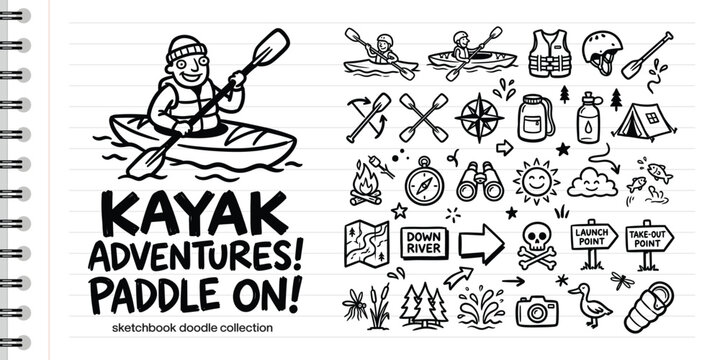 Hand Drawn Kayak Adventure Doodle Set with Camping Gear and Water Sports Icons