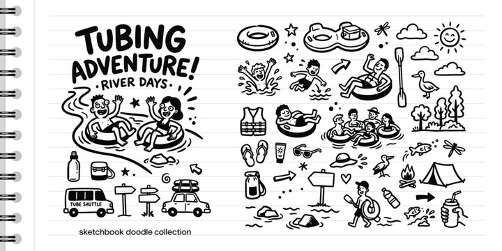 Hand drawn river tubing adventure doodle set with summer vacation icons and camping elements