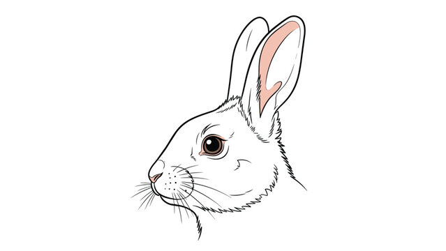 Profile view of a white rabbit head with detailed whiskers and pink ears showing soft fur texture on a plain white background.