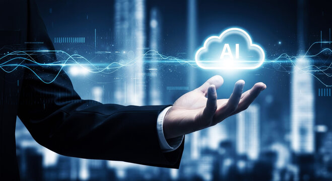 Hand holding glowing A I cloud with digital data streams over cityscape artificial
