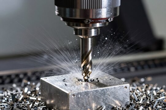 CNC milling machine cutting metal with end mill and coolant
