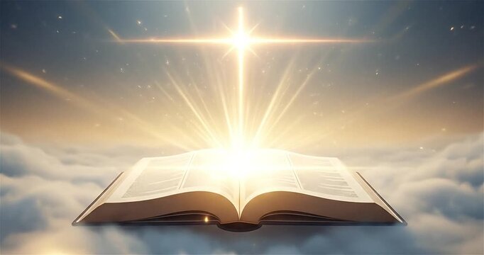 Open holy Bible with radiant divine light shining from above clouds, spiritual faith concept background perfect for Christian videos, worship content, religious storytelling, inspirational messages