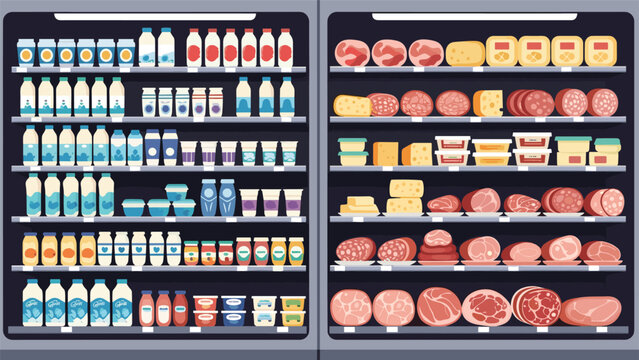 Organized supermarket refrigerator shelves stocked with various dairy products, milk cartons, yogurt, and meat items for grocery shopping displays.